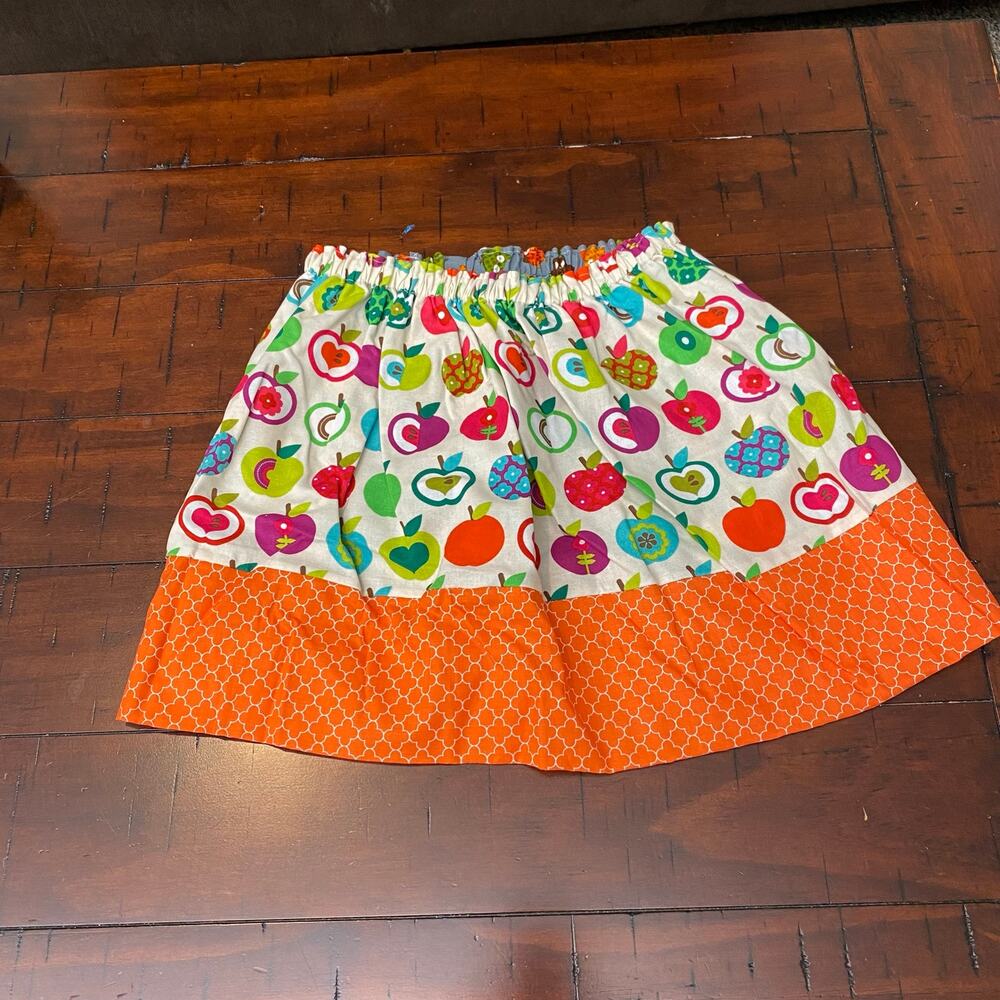 Handmade Reversible Girls Skirt Apple Print Owls & Orange Geo Toddler Size 5T/6